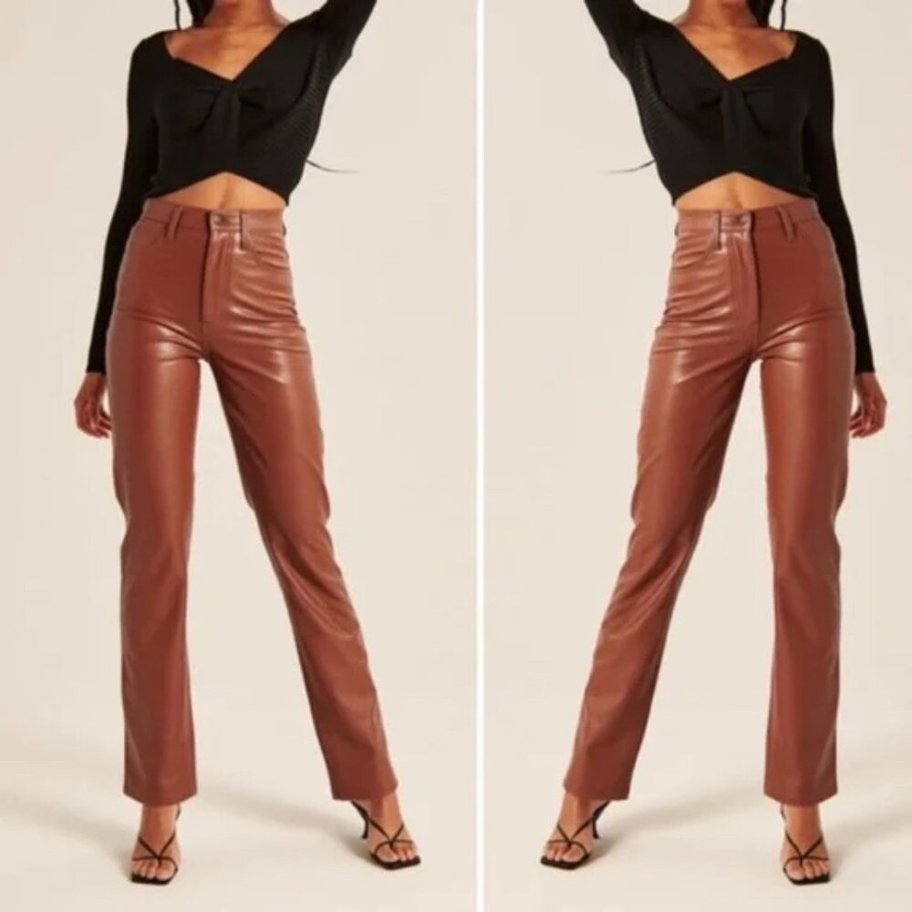 Abercrombie Fitch 90’s Straight Ultra High Rise Faux Leather Pants Camel Sz 8 28